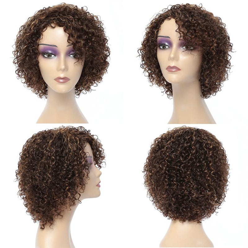 HUA Kinky Curly Short Wigs for Black Women Human Hair Chocolate Brown Mix Medium Auburn Curly Human Hair Wigs for Black Women Glueless 4/30 Color Short Wigs for Women - Image 2
